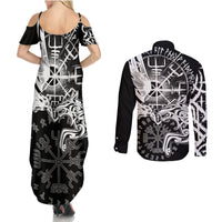 Vikings Raven and Wolf Couples Matching Summer Maxi Dress and Long Sleeve Button Shirt with Aegishjalmur Unique LT9 - Wonder Print Shop