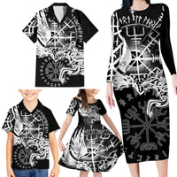 Vikings Raven and Wolf Family Matching Long Sleeve Bodycon Dress and Hawaiian Shirt with Aegishjalmur Unique LT9 - Wonder Print Shop