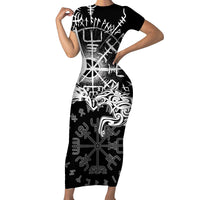 Vikings Raven and Wolf Family Matching Short Sleeve Bodycon Dress and Hawaiian Shirt with Aegishjalmur Unique - Wonder Print Shop