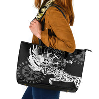 Vikings Raven and Wolf Leather Tote Bag with Aegishjalmur Unique - Wonder Print Shop