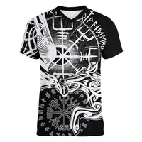 Vikings Raven and Wolf Women V-Neck T-Shirt with Aegishjalmur Unique - Wonder Print Shop