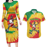 Lithuania Basketball Skeleton Personalized Couples Matching Long Sleeve Bodycon Dress and Hawaiian Shirt Skullman Lithuania Tie Dye
