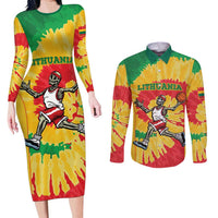 Lithuania Basketball Skeleton Personalized Couples Matching Long Sleeve Bodycon Dress and Long Sleeve Button Shirt Skullman Lithuania Tie Dye