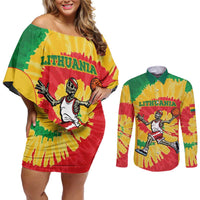 Lithuania Basketball Skeleton Personalized Couples Matching Off Shoulder Short Dress and Long Sleeve Button Shirt Skullman Lithuania Tie Dye