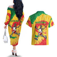 Lithuania Basketball Skeleton Personalized Couples Matching Off The Shoulder Long Sleeve Dress and Hawaiian Shirt Skullman Lithuania Tie Dye