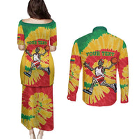 Lithuania Basketball Skeleton Personalized Couples Matching Puletasi and Long Sleeve Button Shirt Skullman Lithuania Tie Dye