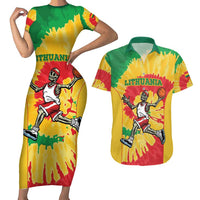 Lithuania Basketball Skeleton Personalized Couples Matching Short Sleeve Bodycon Dress and Hawaiian Shirt Skullman Lithuania Tie Dye