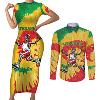 Lithuania Basketball Skeleton Personalized Couples Matching Short Sleeve Bodycon Dress and Long Sleeve Button Shirt Skullman Lithuania Tie Dye