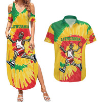 Lithuania Basketball Skeleton Personalized Couples Matching Summer Maxi Dress and Hawaiian Shirt Skullman Lithuania Tie Dye