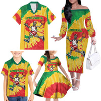 Lithuania Basketball Skeleton Personalized Family Matching Off The Shoulder Long Sleeve Dress and Hawaiian Shirt Skullman Lithuania Tie Dye