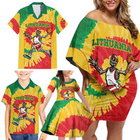 Lithuania Basketball Skeleton Personalized Family Matching Off Shoulder Short Dress and Hawaiian Shirt Skullman Lithuania Tie Dye
