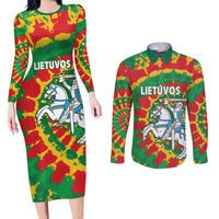 Lithuania Tie Dye Retro Basketball 1992 Personalized Couples Matching Long Sleeve Bodycon Dress and Long Sleeve Button Shirt