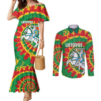 Lithuania Tie Dye Retro Basketball 1992 Personalized Couples Matching Mermaid Dress and Long Sleeve Button Shirt