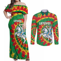Lithuania Tie Dye Retro Basketball 1992 Personalized Couples Matching Off Shoulder Maxi Dress and Long Sleeve Button Shirt