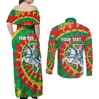 Lithuania Tie Dye Retro Basketball 1992 Personalized Couples Matching Off Shoulder Maxi Dress and Long Sleeve Button Shirt