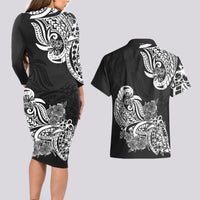 Polynesian Couples Matching Long Sleeve Bodycon Dress and Hawaiian Shirt Pacific Flower Mix Floral Tribal Tattoo Black Vibe LT9 - Wonder Print Shop
