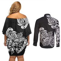 Polynesian Couples Matching Off Shoulder Short Dress and Long Sleeve Button Shirts Pacific Flower Mix Floral Tribal Tattoo Black Vibe LT9 - Wonder Print Shop