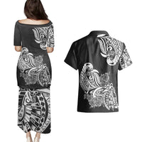 Polynesian Couples Matching Puletasi Dress and Hawaiian Shirt Pacific Flower Mix Floral Tribal Tattoo Black Vibe LT9 - Wonder Print Shop