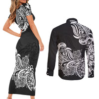 Polynesian Couples Matching Short Sleeve Bodycon Dress and Long Sleeve Button Shirts Pacific Flower Mix Floral Tribal Tattoo Black Vibe LT9 - Wonder Print Shop