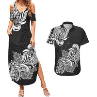 Polynesian Couples Matching Summer Maxi Dress and Hawaiian Shirt Pacific Flower Mix Floral Tribal Tattoo Black Vibe LT9 - Wonder Print Shop