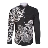 Polynesian Long Sleeve Button Shirt Pacific Flower Mix Floral Tribal Tattoo Black Vibe - Wonder Print Shop