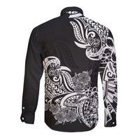 Polynesian Long Sleeve Button Shirt Pacific Flower Mix Floral Tribal Tattoo Black Vibe - Wonder Print Shop
