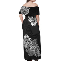 Polynesian Off Shoulder Maxi Dress Pacific Flower Mix Floral Tribal Tattoo Black Vibe - Wonder Print Shop