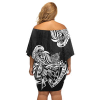 Polynesian Off Shoulder Short Dress Pacific Flower Mix Floral Tribal Tattoo Black Vibe - Wonder Print Shop