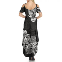 Polynesian Summer Maxi Dress Pacific Flower Mix Floral Tribal Tattoo Black Vibe - Wonder Print Shop