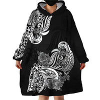 Polynesian Wearable Blanket Hoodie Pacific Flower Mix Floral Tribal Tattoo Black Vibe - Wonder Print Shop