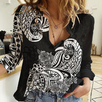 Polynesian Women Casual Shirt Pacific Flower Mix Floral Tribal Tattoo Black Vibe - Wonder Print Shop