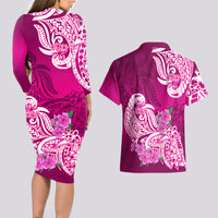 Polynesian Couples Matching Long Sleeve Bodycon Dress and Hawaiian Shirt Pacific Flower Mix Floral Tribal Tattoo Pink Vibe LT9 - Wonder Print Shop
