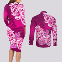 Polynesian Couples Matching Long Sleeve Bodycon Dress and Long Sleeve Button Shirts Pacific Flower Mix Floral Tribal Tattoo Pink Vibe LT9 - Wonder Print Shop