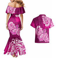 Polynesian Couples Matching Mermaid Dress And Hawaiian Shirt Pacific Flower Mix Floral Tribal Tattoo Pink Vibe LT9 - Wonder Print Shop