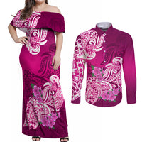 Polynesian Couples Matching Off Shoulder Maxi Dress and Long Sleeve Button Shirts Pacific Flower Mix Floral Tribal Tattoo Pink Vibe LT9 - Wonder Print Shop