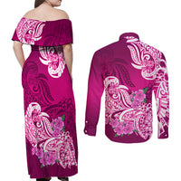 Polynesian Couples Matching Off Shoulder Maxi Dress and Long Sleeve Button Shirts Pacific Flower Mix Floral Tribal Tattoo Pink Vibe LT9 - Wonder Print Shop