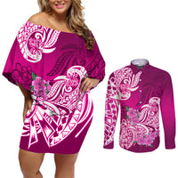 Polynesian Couples Matching Off Shoulder Short Dress and Long Sleeve Button Shirts Pacific Flower Mix Floral Tribal Tattoo Pink Vibe LT9 - Wonder Print Shop