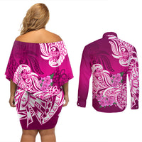 Polynesian Couples Matching Off Shoulder Short Dress and Long Sleeve Button Shirts Pacific Flower Mix Floral Tribal Tattoo Pink Vibe LT9 - Wonder Print Shop