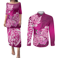 Polynesian Couples Matching Puletasi Dress and Long Sleeve Button Shirts Pacific Flower Mix Floral Tribal Tattoo Pink Vibe LT9 - Wonder Print Shop