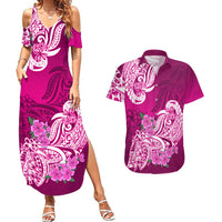 Polynesian Couples Matching Summer Maxi Dress and Hawaiian Shirt Pacific Flower Mix Floral Tribal Tattoo Pink Vibe LT9 - Wonder Print Shop