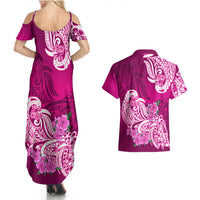 Polynesian Couples Matching Summer Maxi Dress and Hawaiian Shirt Pacific Flower Mix Floral Tribal Tattoo Pink Vibe LT9 - Wonder Print Shop