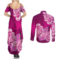 Polynesian Couples Matching Summer Maxi Dress and Long Sleeve Button Shirts Pacific Flower Mix Floral Tribal Tattoo Pink Vibe LT9 - Wonder Print Shop