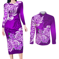 Polynesian Couples Matching Long Sleeve Bodycon Dress and Long Sleeve Button Shirts Pacific Flower Mix Floral Tribal Tattoo Purple Vibe LT9 - Wonder Print Shop