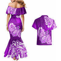 Polynesian Couples Matching Mermaid Dress And Hawaiian Shirt Pacific Flower Mix Floral Tribal Tattoo Purple Vibe LT9 - Wonder Print Shop