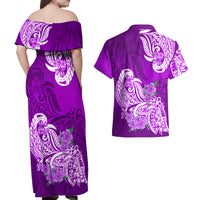 Polynesian Couples Matching Off Shoulder Maxi Dress and Hawaiian Shirt Pacific Flower Mix Floral Tribal Tattoo Purple Vibe LT9 - Wonder Print Shop