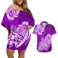 Polynesian Couples Matching Off Shoulder Short Dress and Hawaiian Shirt Pacific Flower Mix Floral Tribal Tattoo Purple Vibe LT9 - Wonder Print Shop