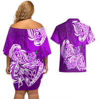 Polynesian Couples Matching Off Shoulder Short Dress and Hawaiian Shirt Pacific Flower Mix Floral Tribal Tattoo Purple Vibe LT9 - Wonder Print Shop