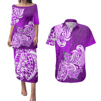 Polynesian Couples Matching Puletasi Dress and Hawaiian Shirt Pacific Flower Mix Floral Tribal Tattoo Purple Vibe LT9 - Wonder Print Shop