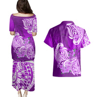 Polynesian Couples Matching Puletasi Dress and Hawaiian Shirt Pacific Flower Mix Floral Tribal Tattoo Purple Vibe LT9 - Wonder Print Shop