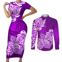 Polynesian Couples Matching Short Sleeve Bodycon Dress and Long Sleeve Button Shirts Pacific Flower Mix Floral Tribal Tattoo Purple Vibe LT9 - Wonder Print Shop
